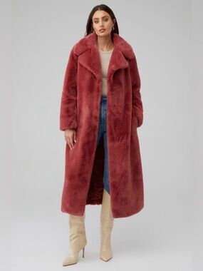 Ena Pelly Red Faux Fur Teddy Longline Oversized Coat